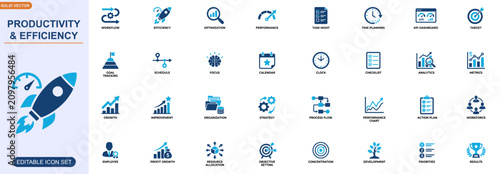Productivity and efficiency icon set for workflow optimization and performance improvement. Task management, goal tracking, time planning, KPI dashboard. Editable icons collection. Vector.