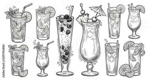 Foto Popular Long Drink and Mocktail Sketch Set for Cocktail Bar Menu Vector Design