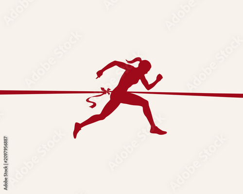 Red silhouette of a female runner crossing the finish line tape with a decorative bow