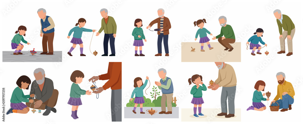 Fototapeta premium Grandfather teaching granddaughter how to play with traditional spinning top toy illustration set