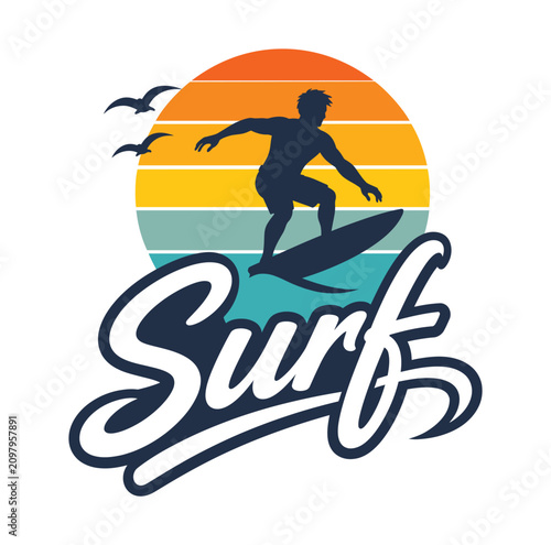Tableau sur toile Man surfing on wave with sunset background and seagulls flying overhead recreati