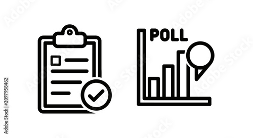 Business survey and polling icon set featuring a clipboard with checklist and a bar graph with data point marker clipboard checklist business