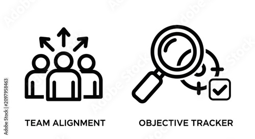 Team alignment and objective tracker business icons with alignment objective business management planning strategy corporate leadership