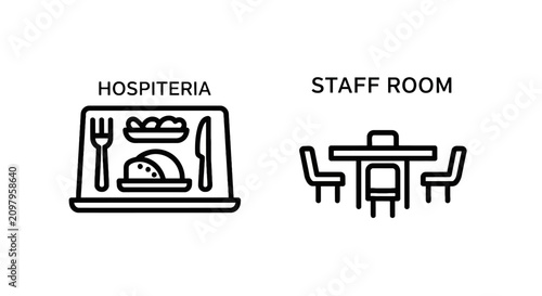 Hospiteria and staff room facility icons with hospiteria hospital cafeteria facility minimalist employee workplace hospitality organization
