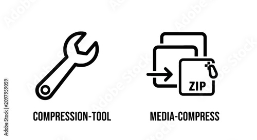 Technical repair wrench tool and file compression folder data icons with compression maintenance software technical computer document management