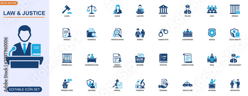 Foto Law and justice icon set for legal system, court procedure, criminal law, judiciary, police enforcement, trial process, legal rights, investigation