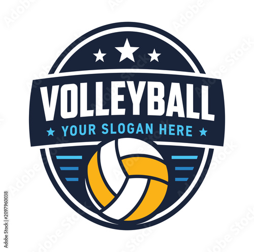 Volleyball logo design with yellow white and blue ball and stars on transparent background