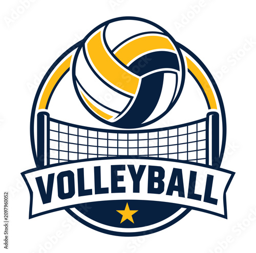 Volleyball sport logo with ball net and star on white background