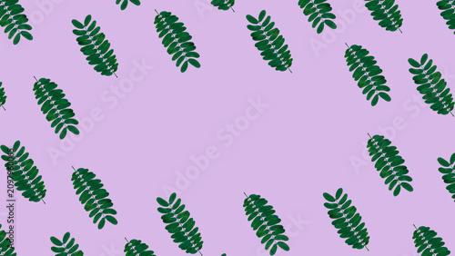 Foto Seamless abstract repeat pattern of scattering green pinnate leaves arranged around a plain central copy space over a purple background