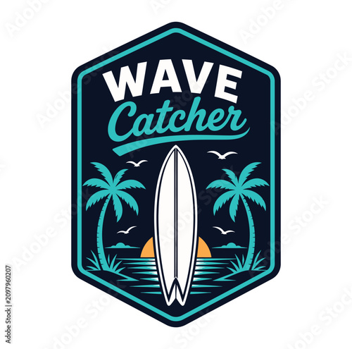 Wave catcher surfboard logo with palm trees and sunset  beach travel recreation concept