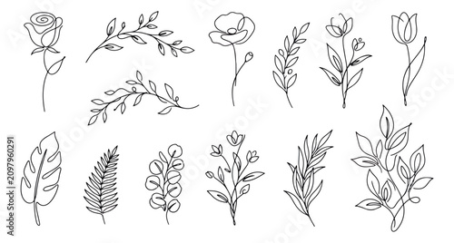 Minimalist botanical line art collection, 12 elegant floral vector icons, hand drawn continuous line flowers and leaves for wedding stationery