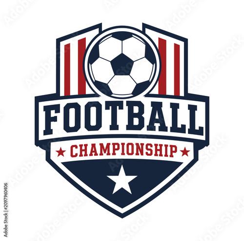American football championship shield logo with soccer ball and stars on white background