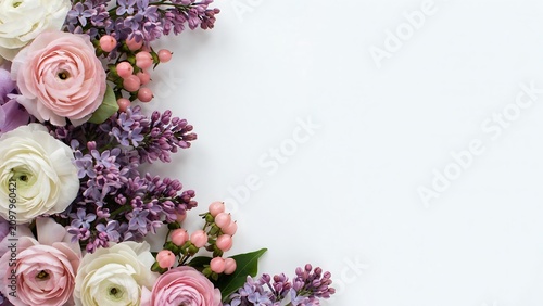 Beautiful floral arrangement with pink and white roses and purple flowers on white background