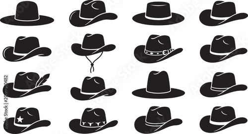 A collection of sixteen black silhouette featuring various styles of cowboy hats, western headwear, and rancher caps, arranged in a grid pattern on a plain white background
