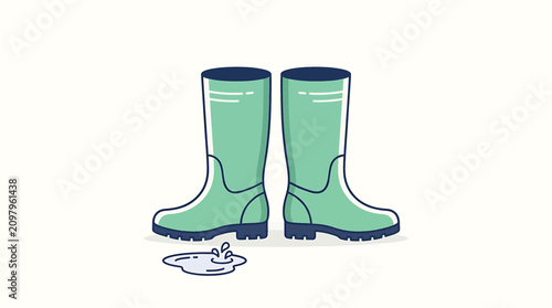 Photography Green rubber boots with puddle water.
