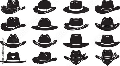 Foto Collection of sixteen black silhouette featuring various styles of cowboy hats,