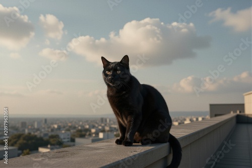 A sleek black Bombay cat sits upright on a concrete rooftop ledge, gazing directly at the camera with an alert posture.