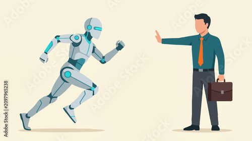 Foto Man stopping running robot, illustrating AI impact on business and jobs
