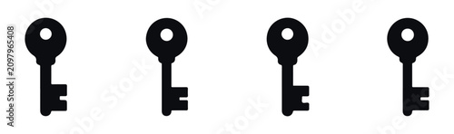 Konstfotografi Row of four identical black round head door key silhouettes isolated on transparent background