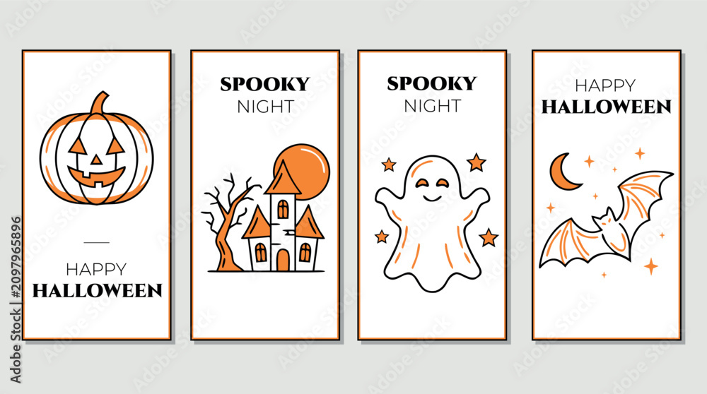 Fototapeta premium Set of 4 Minimal Halloween Posters with Pumpkin Ghost Haunted House and Bat