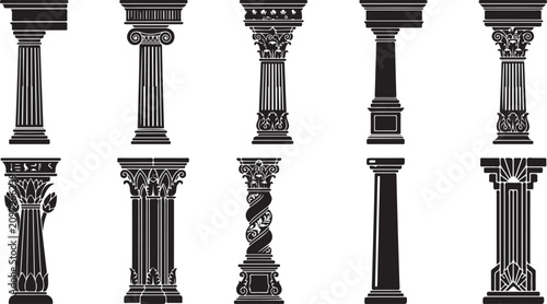 Photos A collection of ten distinct black silhouette architectural columns, featuring v