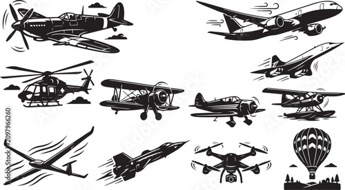 Photos Collection of black and white aviation featuring a vintage propeller plane, jet