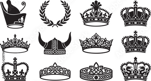 Konstfotografi Collection of black silhouette featuring various royal crowns, a laurel wreath,