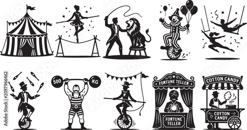 Foto Set of black and white circus featuring a big tent, tightrope walker, lion tamer
