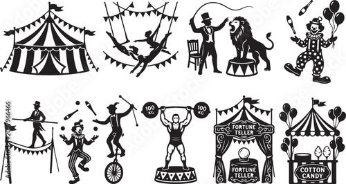 Fotografie Set of black and white circus featuring a big tent, acrobats, a lion tamer, a ju