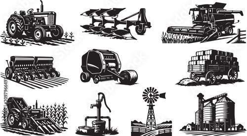 Konstfotografi Set of black and white farm machinery including tractors, combine harvesters, pl