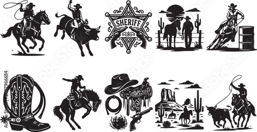 Quadro su tela Set of ten black and white western featuring cowboys, horses, bulls, a sheriff b