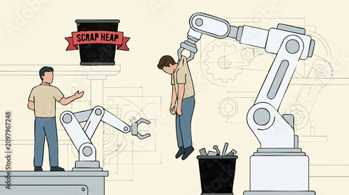Tableau sur toile Automation Replacing Human Labor: Robot Discarding Employee into Scrap Heap
