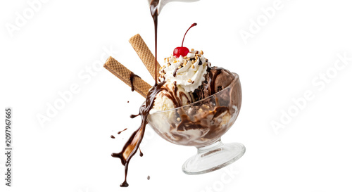 Foto Decadent chocolate sundae with whipped cream, cherry, and wafer cookies