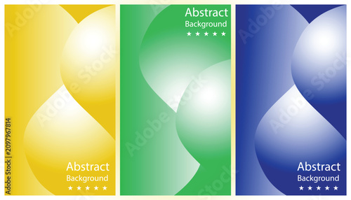 Three vertical abstract backgrounds with gradient colors, curving shapes, and white text overlays with five-point star