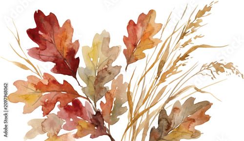 Rich autumn watercolor foliage with dry wild grass on a transparent background