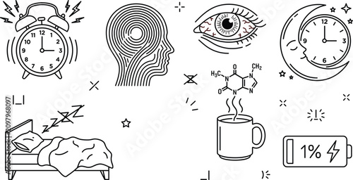 Tableau sur toile Insomnia sleep deprivation icon set line art featuring fatigue alarm clock tired