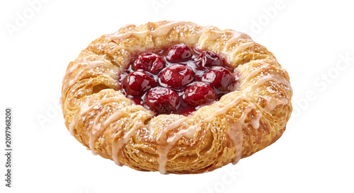 Photography Flaky cherry danish pastry with sweet icing and powdered sugar dusting