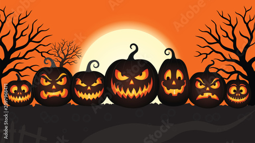 Halloween Jack O Lantern Pumpkin Border with Spooky Faces, Full Moon and Bare Trees