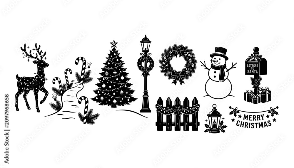 Fototapeta premium Christmas Decorations Featuring Reindeer, Candy Canes, Christmas Tree, Wreath, Snowman, Fence, Lantern, and Letterbox