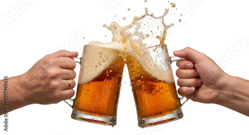 Cuadro en lienzo Two hands clinking beer mugs with frothy beer splashing upwards