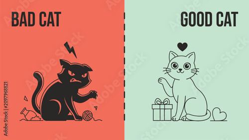 Foto Bad cat vs good cat concept illustration comparing behavior with well behaved
