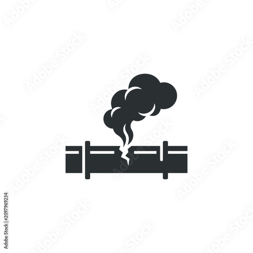 A black icon showing a damaged pipe leaking dark smoke clouds