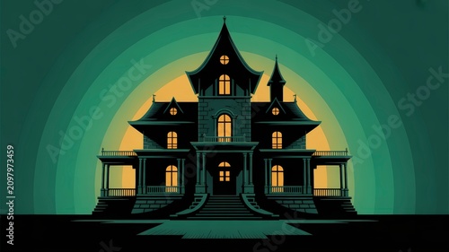 Spooky haunted house with yellow windows
