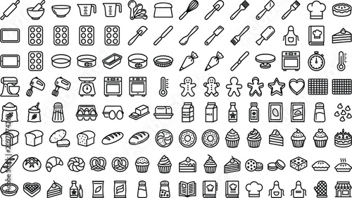 Baking and Pastry Kitchen Tools Line Icon Set with Cake Pans, Measuring Equipment, Sweet Desserts, Cookbooks, and Ingredients for Web Graphic Designs