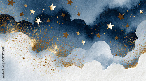 青い雲と金色の星が輝く幻想的な夜空背景 水彩風ファンタジーアート