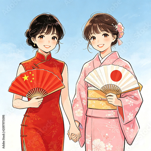 中国と日本の友好を象徴する、手をつなぐチャイナドレスと着物姿の女性イラスト