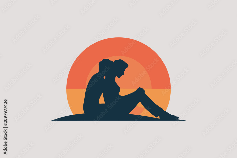 Fototapeta premium Minimalist Silhouette of Woman Sitting on Beach at Sunset Vector Illustration