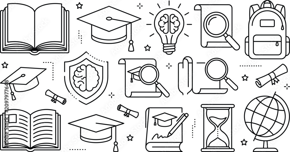 Fototapeta premium Education graduation and school icon set with books caps lightbulb brain backpack globe scroll hourglass linear outline vector