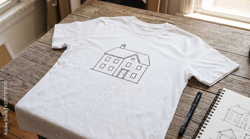 White t-shirt with house line art design on wooden table