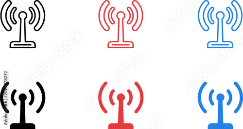 Wireless antenna icons in different colors on white background